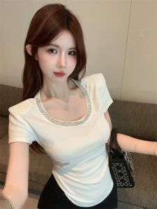 GUZILIAN | American Heavy Drill Round Neck Shoulder Pad Summer Fashion Pleated Waist Inward Short Sleeve Top Trendy Simple Commute Style