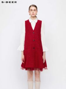 SDEER | V-Neck Plaid Mesh Patchwork Long Coat