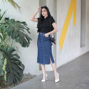 Nycta Jeans Skirt Rok Jeans Stretch 7/8 Belah Samping Pinggang Karet