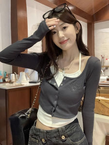 Áo Thun Dài Tay Ôm Vừa Vặn Cổ Treo Phong Cách Mỹ Cổ Điển Dành Cho Nữ Đầu Thu Ngắn Gợi Cảm Áo Sơ Mi Cơ Bản