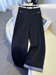 Quần Ống Rộng La Chapelle Màu Xanh Đậm Cho Nữ Mùa Thu Đông Quần Ống Đứng Rộng Rãi Có Khóa Kéo Cotton Thoải Mái