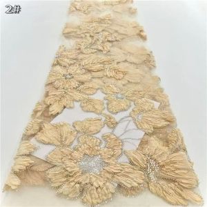 Fashion French Mesh 3D Flowers Embroidery Groom Lace Fabric with Sequins African Nigerian Fabric for Wedding Dress Women Sewing