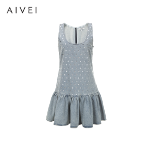 Cute Rhinestone Denim Overalls AIVEI Summer New Arrival Girls Short Skirt Natural Waist Cotton Blend U-Neckline Zipper Closure