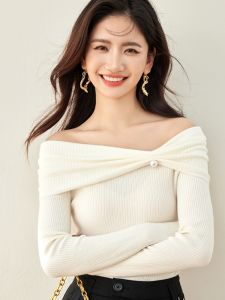 Áo Len Dệt Kim Dài Tay Màu Trơn Kiểu Pháp Một Bên Vai Mùa Thu 2025 Thiết Kế Độc Đáo Ngọt Ngào Ôm Vừa Vặn Bằng Nylon