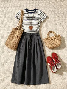 QINGMUZI | Retro American Style T-shirt & Skirt Set
