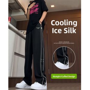 Ice Silk Quick Dry Stripe Mens Sport Pants Straight Leg Lightweight Summer Casual Long Trousers Draped American Style