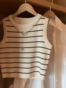 Ice Silk Stripe Knitted Short Vest Womens Summer Outerwear Inner Match Slim Design round Neck Sleeveless Top