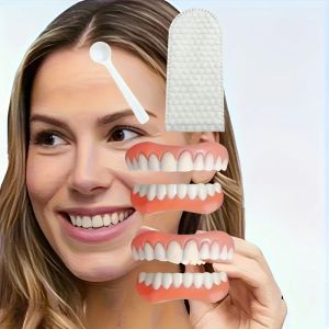 2 Upper 2 Lower Fake Teeth 6 Pcs Set with Spoon Finger Cot Easy Install Instant Smile Kit