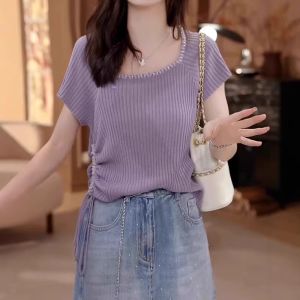 WANGGONGZHU | Elegant U-Neck Short Sleeve Knitwear Womens Summer Fashion Slimming T-Shirt Princess Style Korean Loose Fit Sweat Absorbent