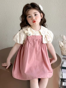 Princess Style Summer Thin Strap Dress Set for Girls Baby Casual Pure Color Polyester Bubble Sleeve Outdoor Clothes