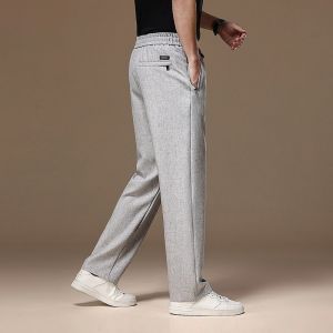 ROMON | Lormen Linen Mens Summer Lightweight Loose Sports Pants Elastic Waist Long Trousers Casual Straight Leg Trousers For Youth