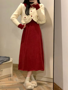ชุดเดรสยาวฤดูใบไม้ร่วง/ฤดูหนาวสำหรับผู้หญิง สไตล์หวาน สีสันสดใส ชุดกระโปรงทรงเอ แขนยาว คอตุ๊กตา สีสันสดใส