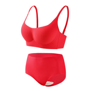 Aldola Womens Underwear Set Red Soft Support W-shaped Gathering Bra And Panties Gift Box Set Lucky Year Small Chest Visual Aid