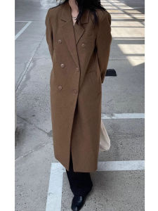 เสื้อโค้ทขนสัตว์ยาวปานกลางสีน้ำตาลย้อนยุคสำหรับผู้หญิงในฤดูหนาว ทรงหลวม ปกเสื้อโค้ทขนสัตว์ แขนยาว คอเป็ด กระดุมสองแถว