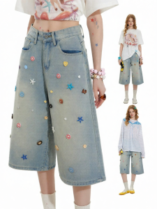 Unifree | Color Buttons Washed Design High Waist Loose Denim Shorts