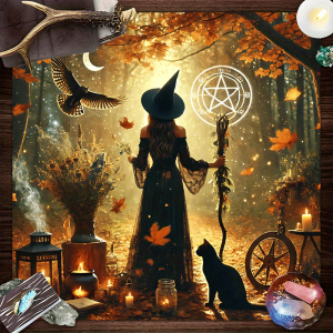 VIKAMA Mystic Crow Tablecloth Black Feather White Flower Star Moon Totem Waterproof Stain Resistant Tarot Divination