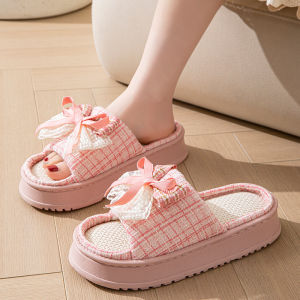 Linen Cotton Slippers Womens Indoor Home Anti-slip Floor Slippers Outdoor Wear Four Seasons round Toe Flat Heel Slippers