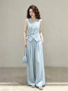 Elegant Workwear Set Blue Vest And Pants