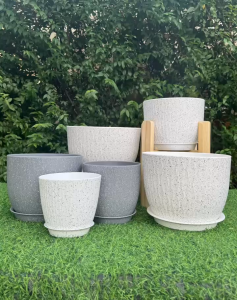 Plants Center T059 กระถางต้นไม้ ขนาดใหญ่ พร้อมถาดรองกระถาง ลายหินแกรนิต คลื่นน้ำสวยงาม ทนทานทนแดด