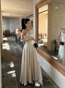 VENUIE | Champagne Satin Strap Dress Long