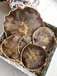A&H Luxe Resin Tray & Coaster Set – Handmade Decorative Serving Tray with Matching Coasters