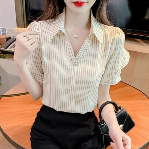 Stylish Elegant Spring 2026 French Design Stripe Chiffon Shirt