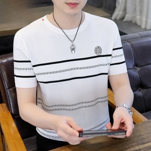 HENGYUANXIANG | Cooling Ice Silk T-Shirt Mens Short Sleeve Knitted Summer Fashion Striped Polo Shirt Youth Vitality Style Standard Fit Knitwear