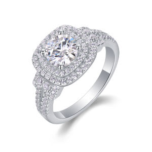 JIUZUAN 1Ct Moissanite Double Halo Ring 18K White Gold Plated S925 Silver Split Shank Elegant Bridal Jewelry for Women