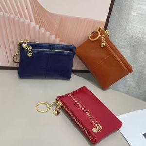 Oil Wax PU Leather Women Wallets Samll Zipper Coin Purse Female Card Holder Pouch Mini Money Bags With Key Ring