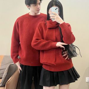 Red Knitted Sweater Couple Matching Set Christmas New Year Festive Two-Piece Cotton Long Sleeve V-Neck Warm Casual Wear