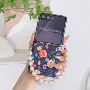 szhaiyu | For Samsung Galaxy Z Flip 8 7 6 5 4 3 Foldable Luxury Flower Strap Painting Flowers Shockproof Case with Pearl Bracelet Chain