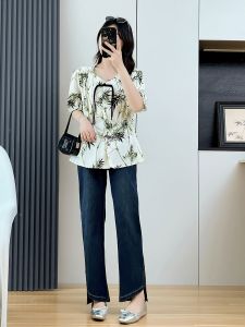 Plus Size Womens New Chinese Ink Print Blouse | Ruffled Chiffon Short Sleeve | Slim-Fit Waist Top