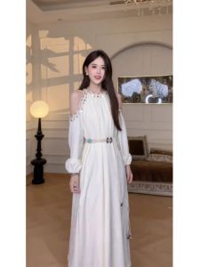 Fashionable Long Dress for Women with High Waist Lantern Sleeves Pure Colorful Design Perfect for Vacation and Beach Outings