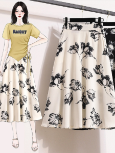 Plus Size Womens Clothing Summer All-Matching Chiffon Floral Dress Chubby Girl Slim Looking High Waist A- line Skirt Womens Casual Skirt