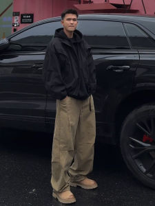 Khaki Folded Blade Workwear Pants Mens Straight Leg Casual Trousers Autumn American Retro Wide Leg Design Sense Loose Fit