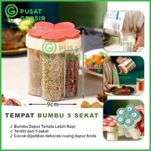 Wadah Bumbu Dapur Tuang 5 Sekat Model Bunga Cocok untuk Tempat Rempah-rempah Rak 5in1 Persegi Lima Serbaguna