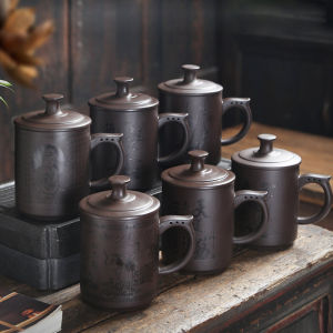 Yixing Purple Stand Tea Cup Mug Water Cup Tumbler Personal Cup Handmade Ceramic Cup Men Personality Lettering with Lid