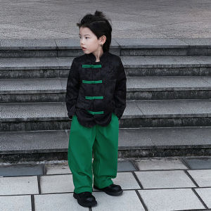 New Chinese Style Set Green Fatty Embroidery Baby Boy Spring New Style Side Button Tang Suit Childrens Ethnic Clothing