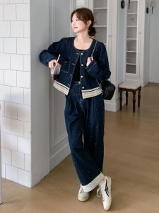Retro Denim Set Womens Autumn High Waist Wide Leg Pants Lace Splicing Jacket Two Piece Suit Fashionable Casual Outfit