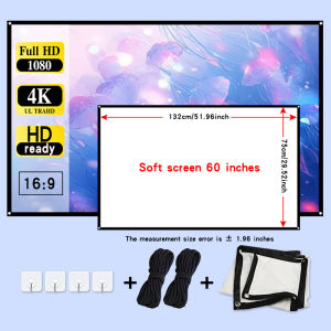 Classic white projection soft screen 60 inches 16:9 with ropes and hooks for easier fixation of the screen.