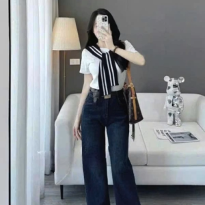 💥[A425] Áo thun kiểu nữ CỔ PHỐI KHĂN VIỀN LƯNG VUÔNG có logo mềm mịn co giãn 4 chiều loại 1 - L2M