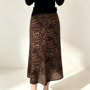 2026 Coffee Leopard High Waist Skirt Mermaid Cutting Midi Length Zip Waistband