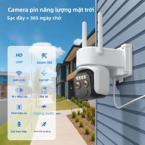 Camera Năng Lượng Mặt Trời 10MP 5K Với Zoom Kỹ Thuật Số 10X WiFi Ngoài Trời Hai Ống Kính Hai Màn Hình Bảo Mật Không Dây AI Tự Động Theo Dõi Chế Độ Chờ 365 Ngày
