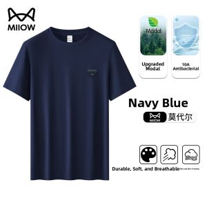 MiiOW | Mens Ice Silk Modal Cotton Short Sleeve T-Shirt Breathable Casual Summer Top Antibacterial UV Protection Standard Fit Basic Logo Print