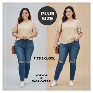 Plus Size Skintone Blouse for Women – 2-Layer Ruffle Sleeve 2XL–3XL Everyday & Office Use