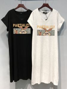 Pure Cotton V-Neck Long Dress Casual Style Loose Fit Big Size Womens Clothing Summer Short Sleeve Printed And Dyed