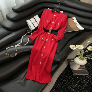 Shiny Thread Long Sleeve round Neck Dress Mid-Length Inner Wear Red Dress Autumn Winter Formal Wear High Waist Knitted H-Style