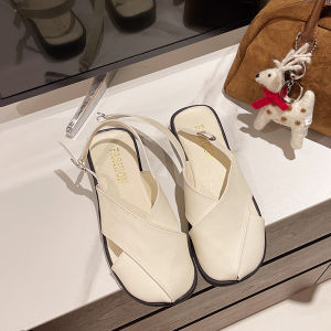 Retro Roman Sandals Womens Summer Outdoor Wear Flat Bottom French Style Fairy Versatile Cross Buckle Low Heel PU Material