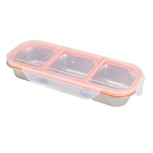 Stainless steel mini compartment lunch box for light meals specifically designed for weight loss and portion control suitable for microwave use. Stainless steel fruit preservation light meal box with three compartments sealed and portable
