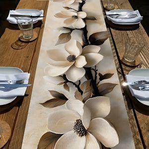 1-Piece White & Brown Intertwined Floral Print Table Runner Kitchen & Dining Table Decor